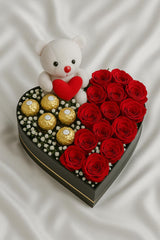 Heart-Shaped Gift Box with Teddy, Red Roses & Chocolates
