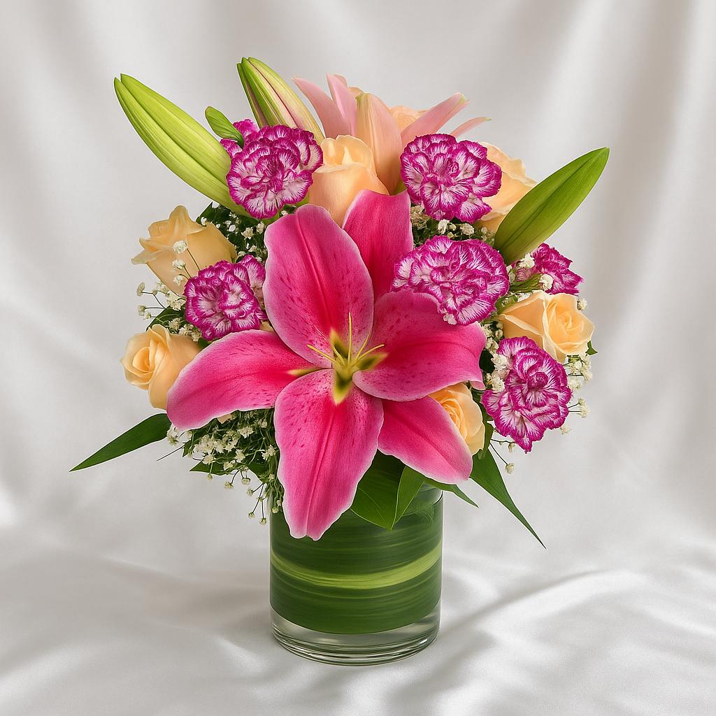 Radiant Charm – Pink Lily & Peach Rose Vase