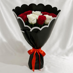Classic Red & White Rose Bouquet in Black Wrap