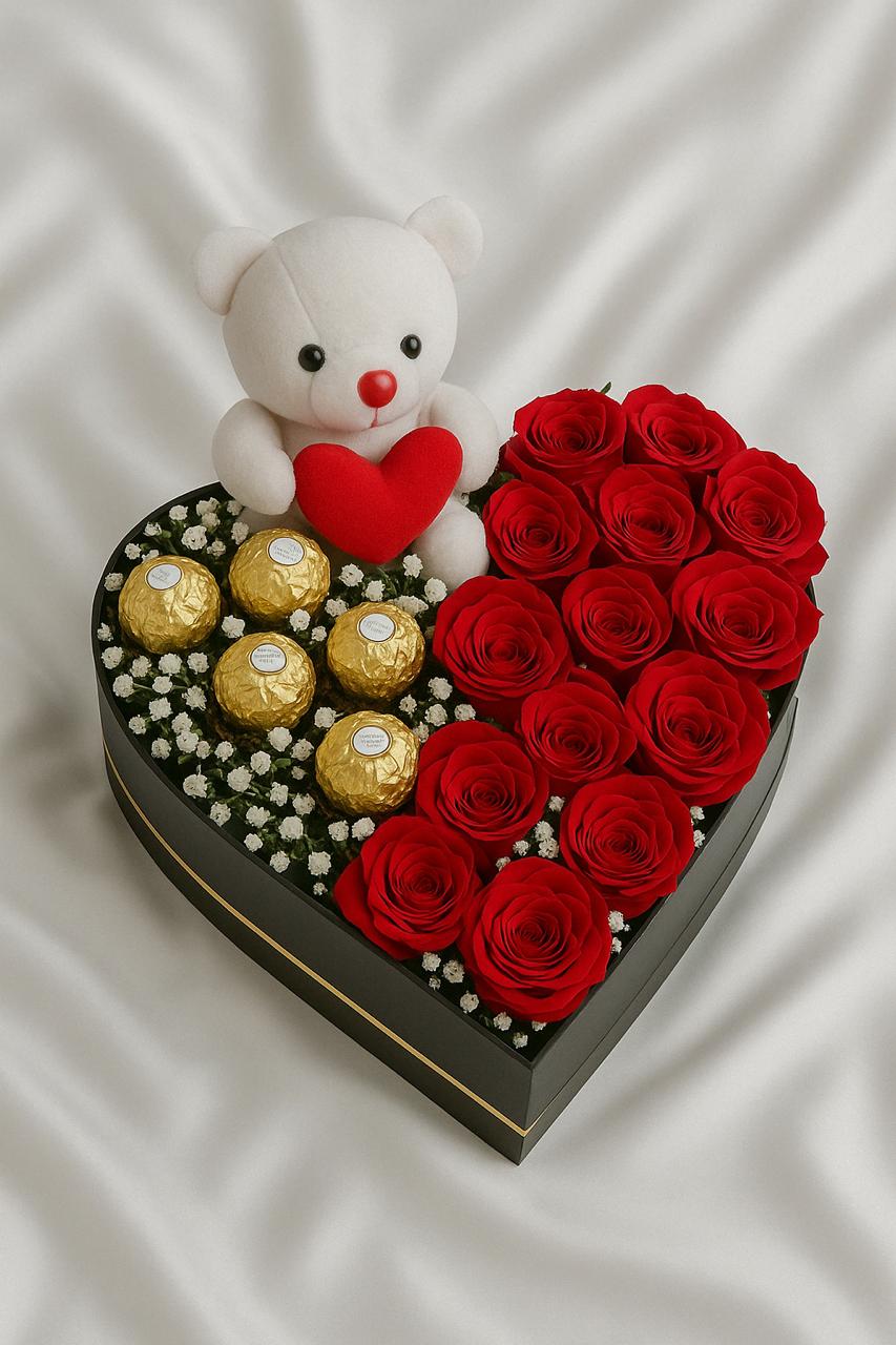 Heart-Shaped Gift Box with Teddy, Red Roses & Chocolates