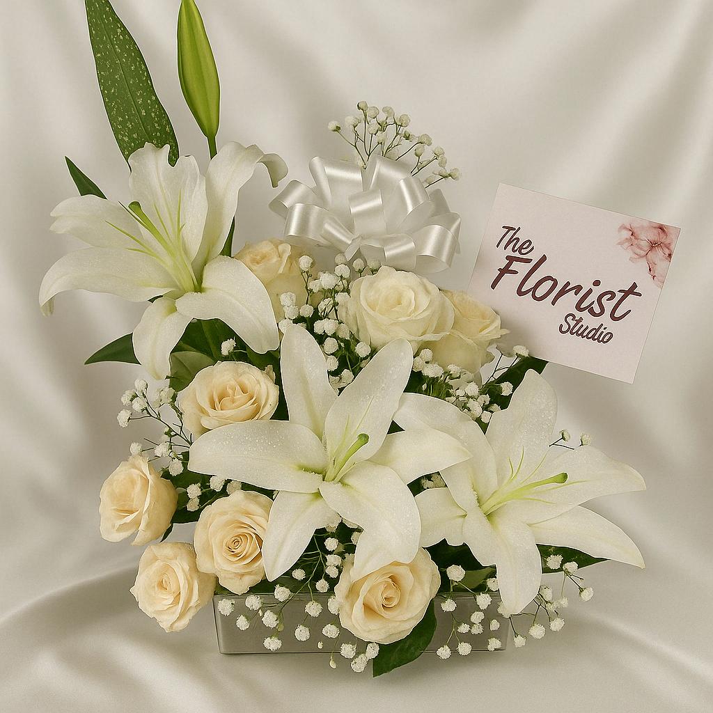 Graceful White Lilies & Roses Box Arrangement