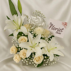 Graceful White Lilies & Roses Box Arrangement