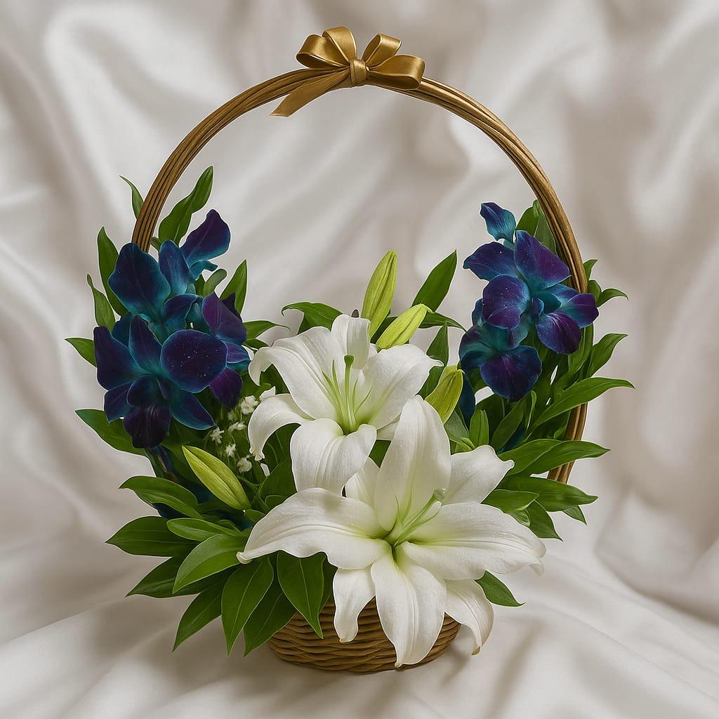 Elegant White Lilies & Blue Orchids Basket