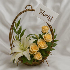 Charming Peach Roses & White Lily Basket