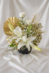 Golden Grace – White Lily & Rose Designer Vase