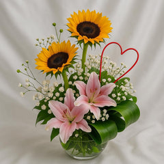 Sunshine Love – Sunflower & Pink Lily Glass Vase