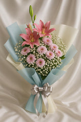 Blush Bloom – Pink Lily & Chrysanthemum Hand Bouquet