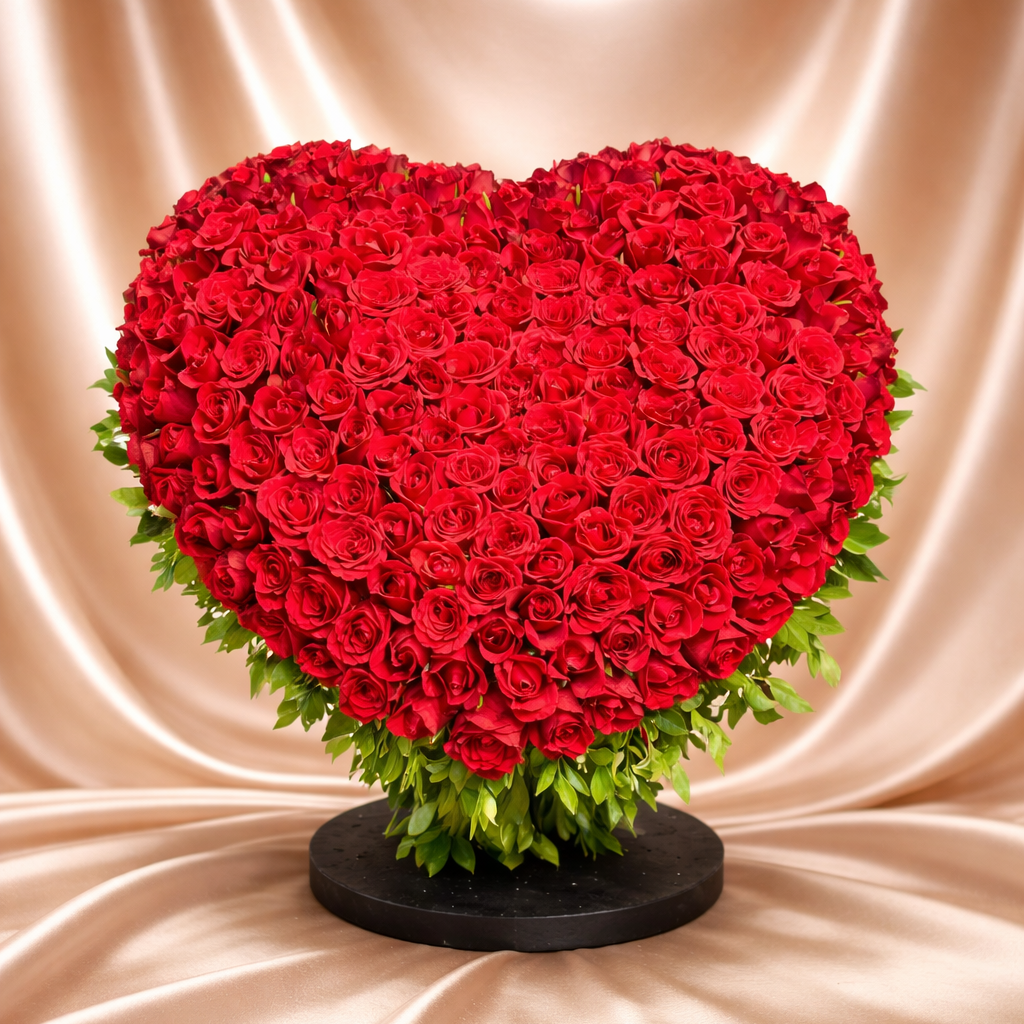 Heart-shaped arrangement of red roses 